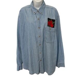 Ladies Denim Long Sleeve Soft Wash Shirt Hand Painted and Applique Size Large
